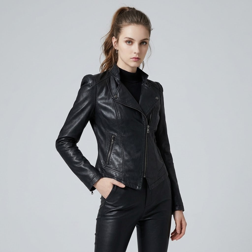 Cropped Faux Leather Biker Jacket Slim Fit PU Jacket