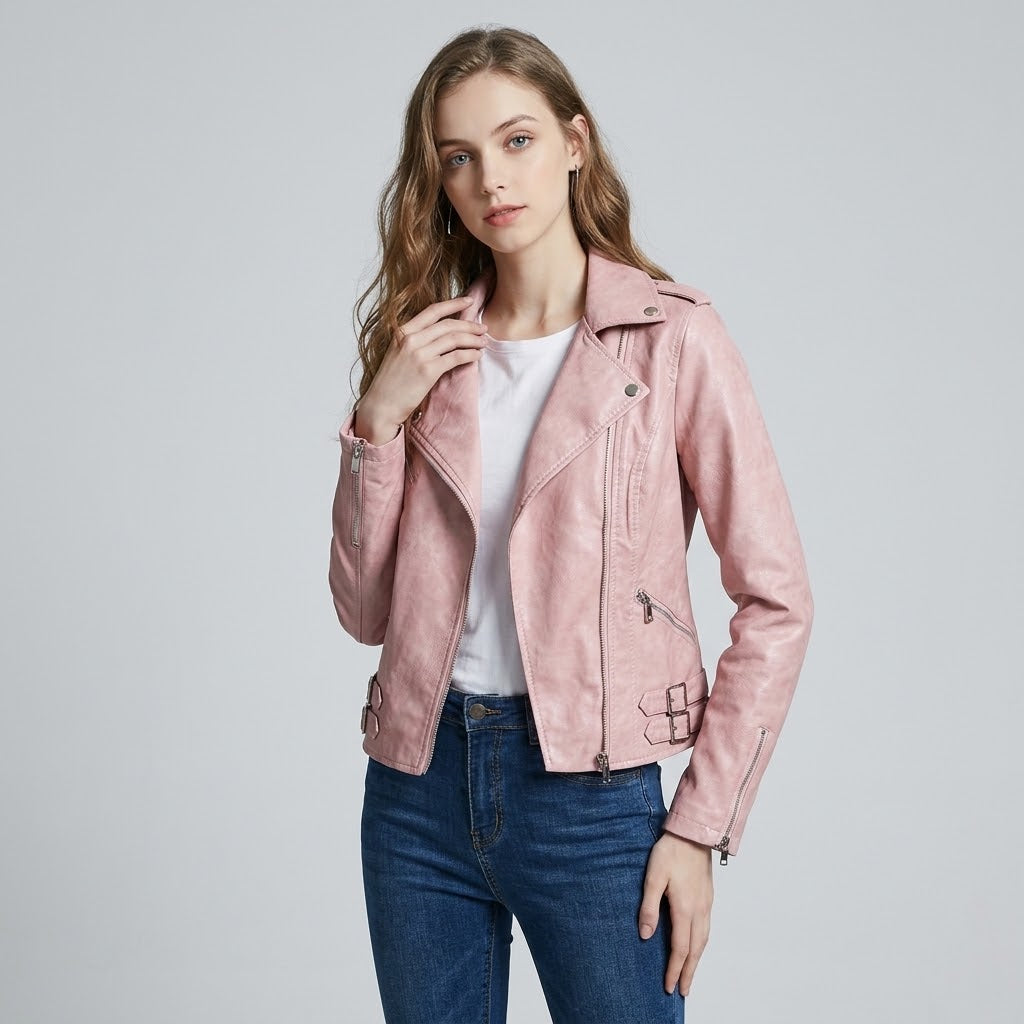 Tailored Cropped Embossed Lambskin Leather Biker Jacket in Semi-Matte Finish