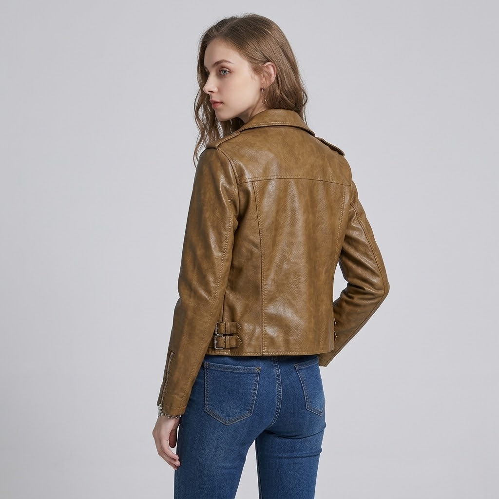 Tailored Cropped Embossed Lambskin Leather Biker Jacket in Semi-Matte Finish