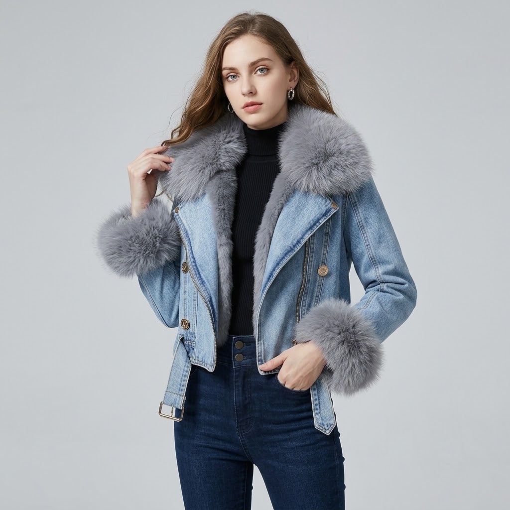 Vintage Distressed Denim Jacket with Plush Fox Fur Collar & Rabbit Fur Lining