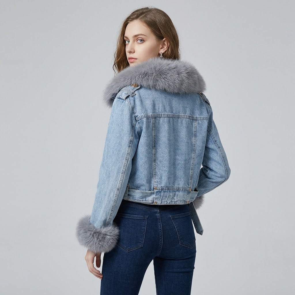 Vintage Distressed Denim Jacket with Plush Fox Fur Collar & Rabbit Fur Lining