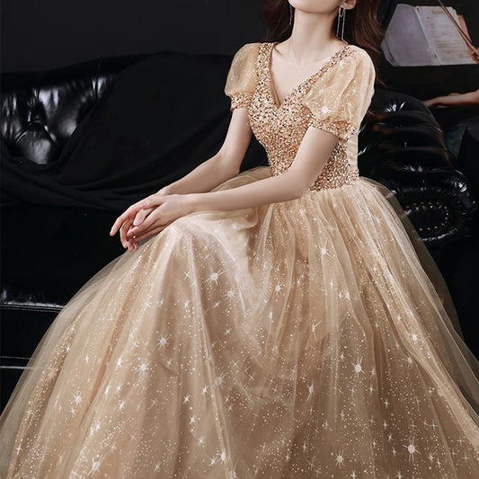 #60091 Puff Sleeve Evening Dress