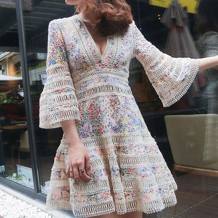 #7161 RETRO FLORAL HOLLOW FLARED SLEEVE EMBROIDERY DRESS