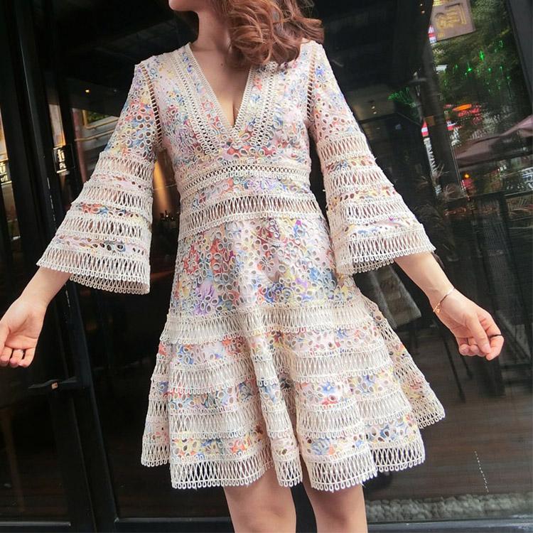 #7161 RETRO FLORAL HOLLOW FLARED SLEEVE EMBROIDERY DRESS