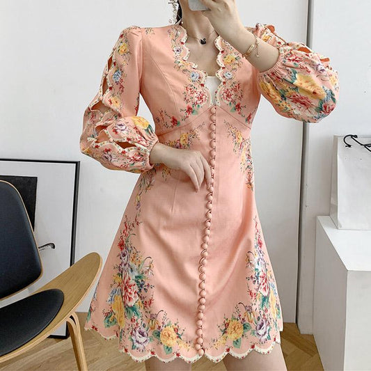 #7164 ETHNIC PRINT V-NECK HOLLOW EMBROIDERY DRESS