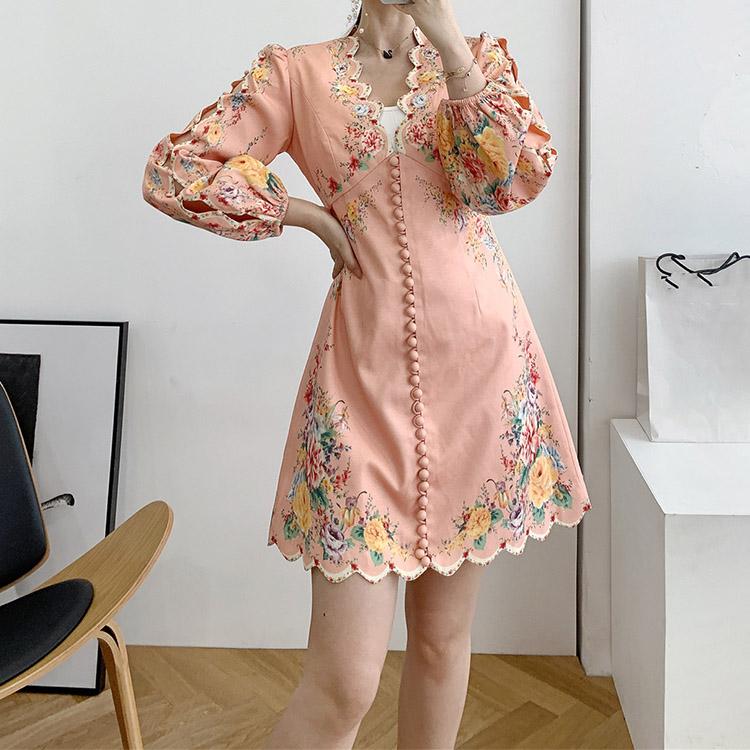 #7164 ETHNIC PRINT V-NECK HOLLOW EMBROIDERY DRESS