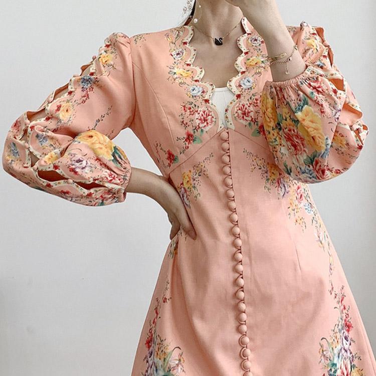 #7164 ETHNIC PRINT V-NECK HOLLOW EMBROIDERY DRESS