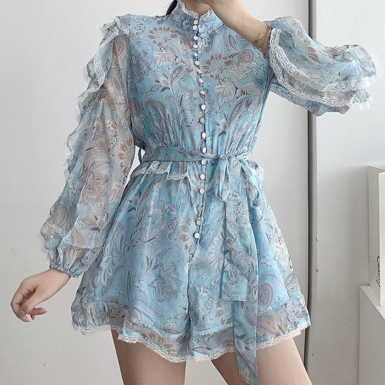 #7166 PATTERNED RUFFLED STAND-UP COLLAR DRESS