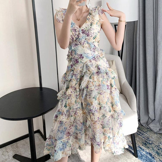 #7167  FLORAL LOTUS LEAF DRESS