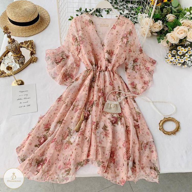 #7321 IRREGULAR FLORAL CHIFFON DRESS