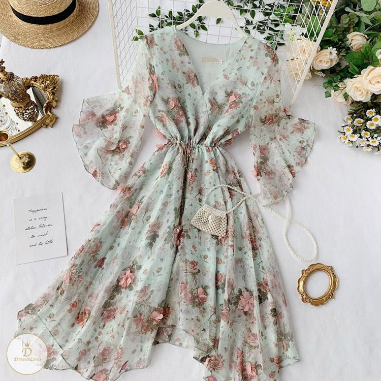 #7321 IRREGULAR FLORAL CHIFFON DRESS