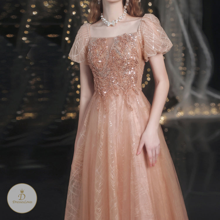 #7594 GOLD PUFF SLEEVES EVENING DRESS