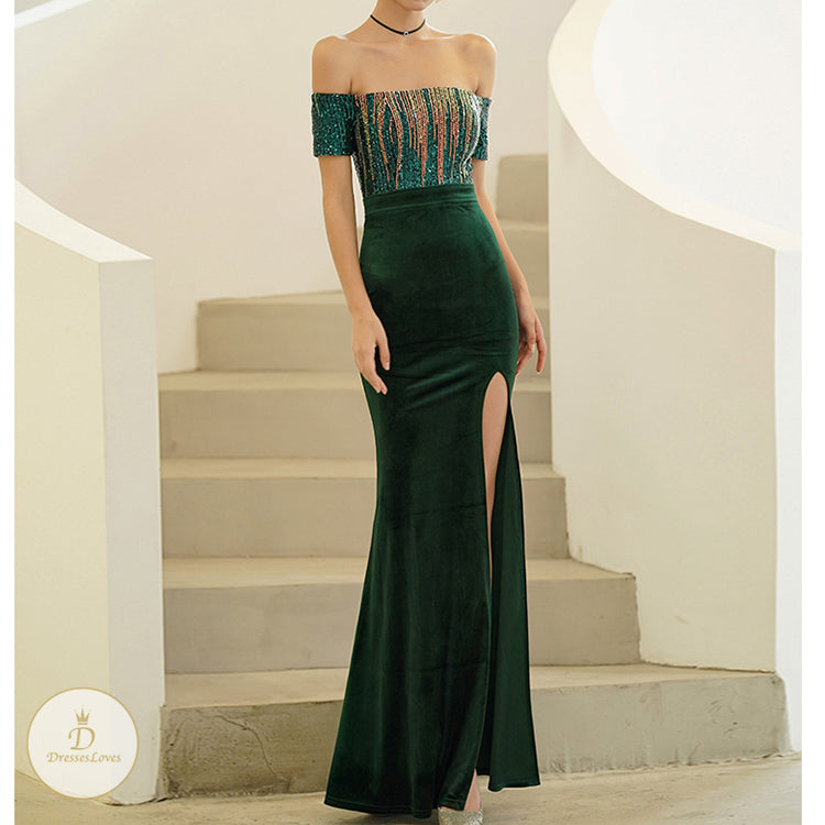 #7608 OFF SHOULDER  SEQUINS EVENING DRESS