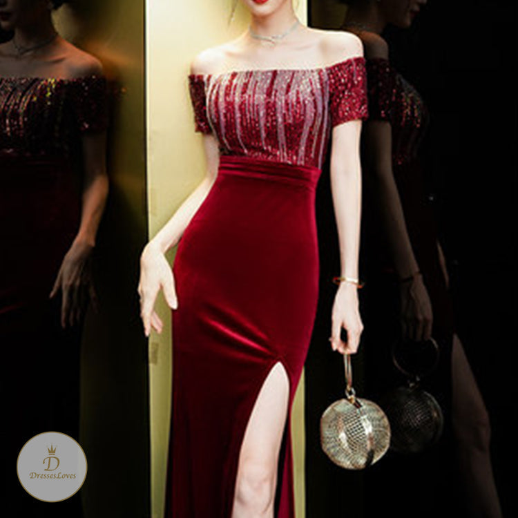 #7608 OFF SHOULDER  SEQUINS EVENING DRESS