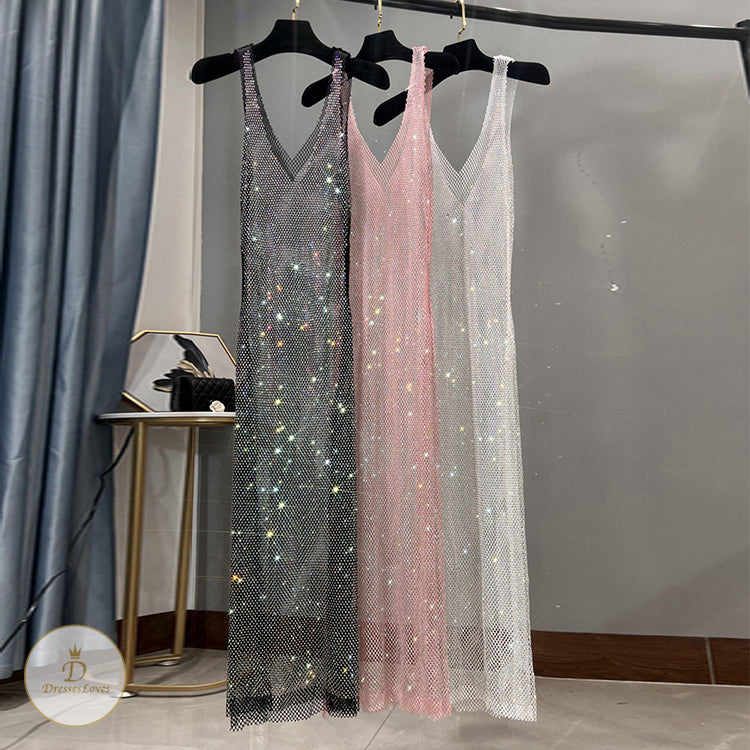 #C1013 Rhinestone Party Sundress Deep V Neck Long Dress