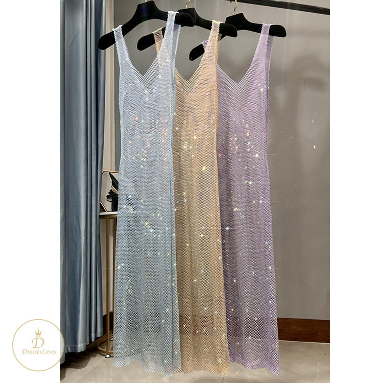 #C1013 Rhinestone Party Sundress Deep V Neck Long Dress