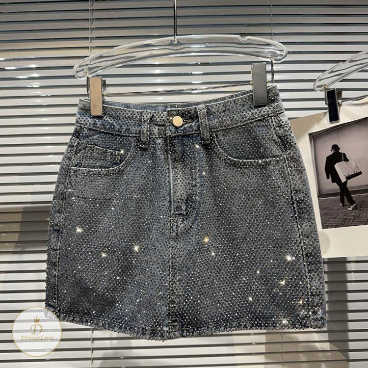 #C1014 Hot diamond heavy industry washed denim skirt