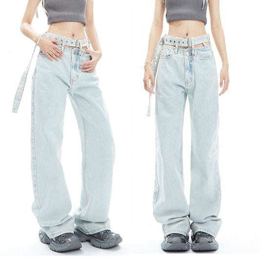 CUTOUT BELT WASHED LIGHT BLUE DENIM TROUSERS