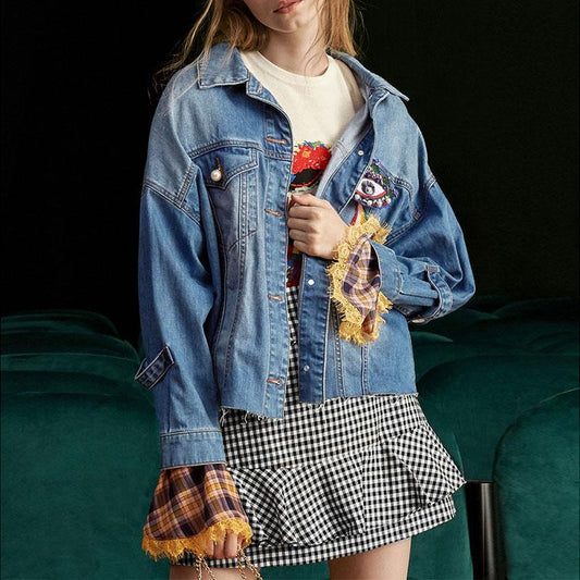 Embroidered Check Flare Sleeve Jacket