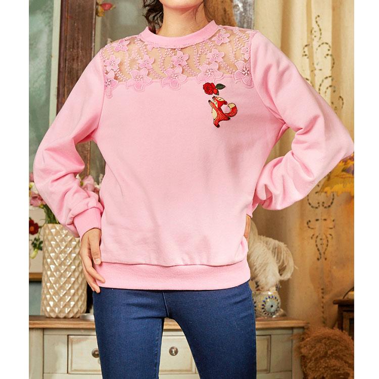 Stitching lace floral round neck pullover top