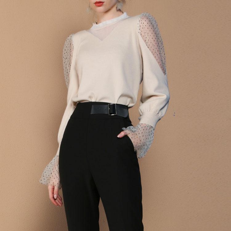 Polka dot mesh stitching knitted top