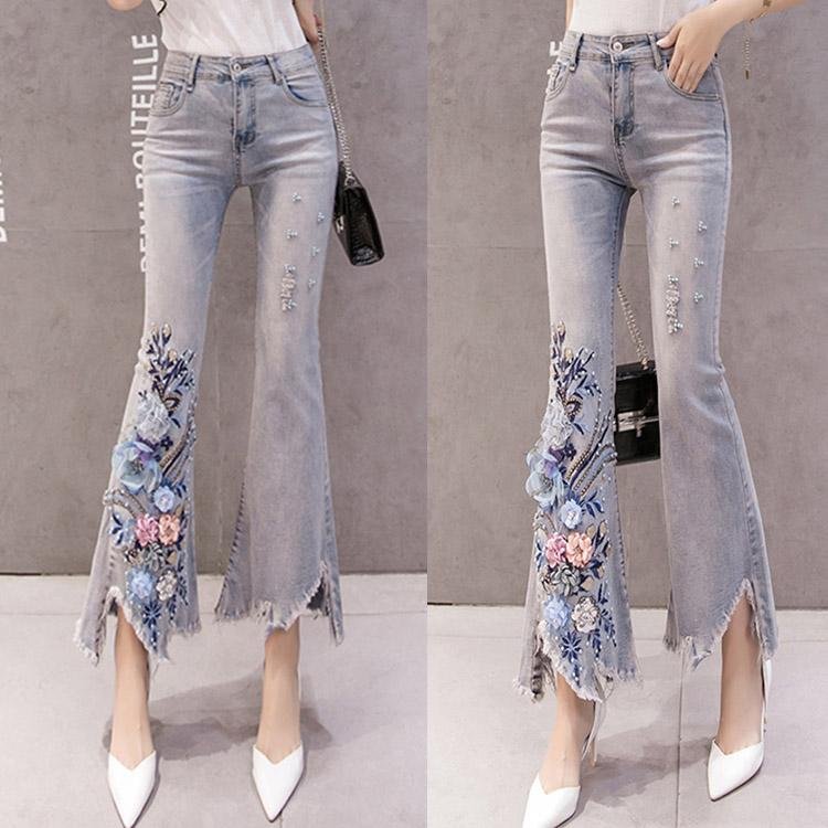 Bead Embroidery Jeans Trousers #5063