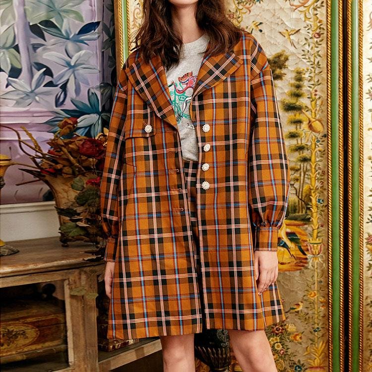 British plaid mid - length suit collar single - breasted jacket - DresseslovesOOTD