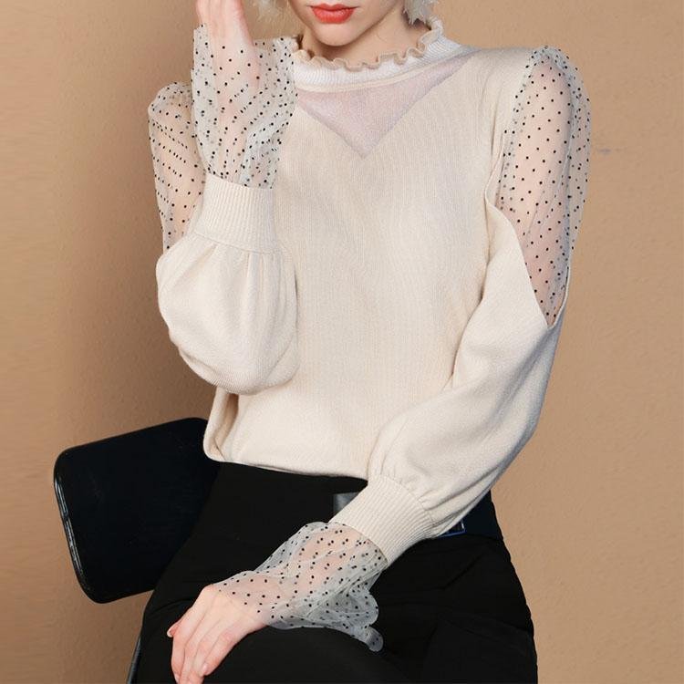 Polka dot mesh stitching knitted top - DresseslovesOOTD