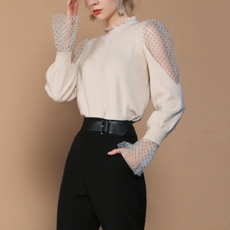 Polka dot mesh stitching knitted top - DresseslovesOOTD