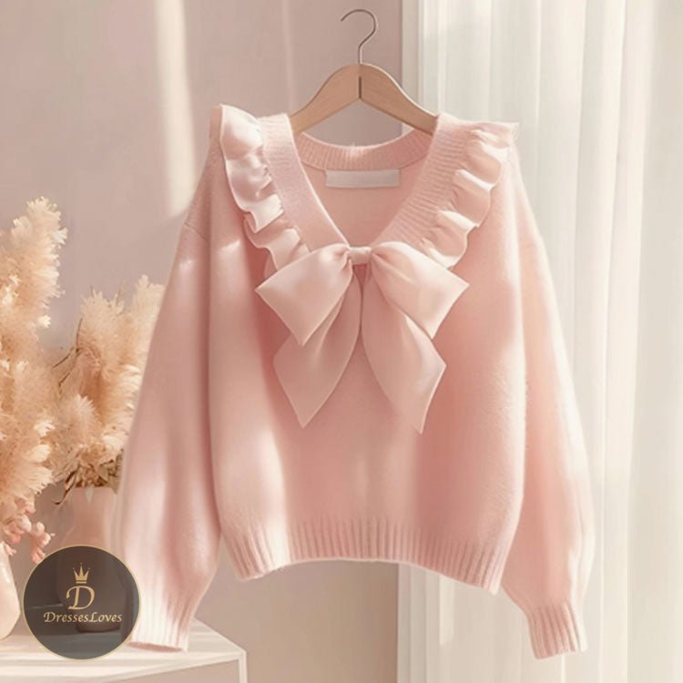 V-NECK BOW KNITTED TOP #5482 | DressesLovesOOTD