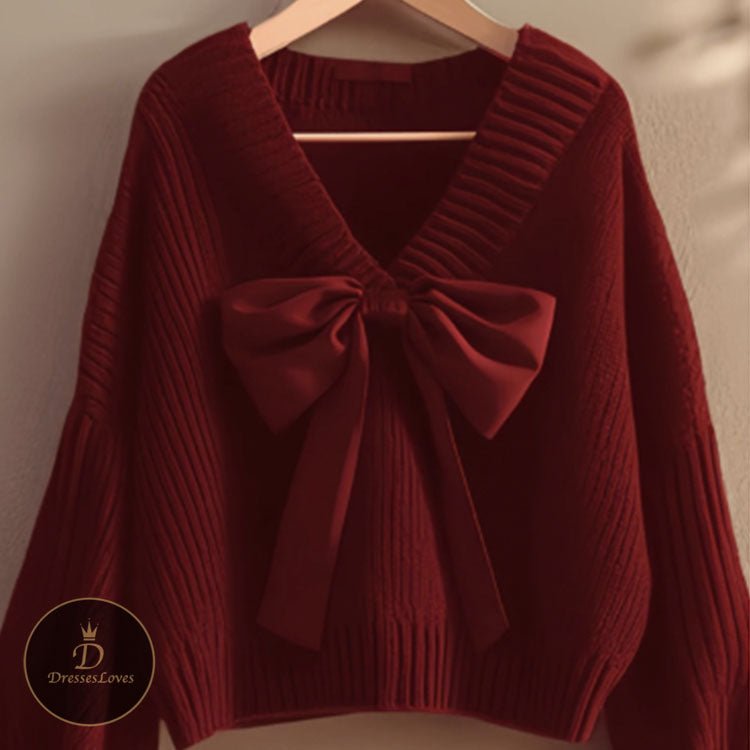 V-NECK BOW KNITTED TOP #5483 | DressesLovesOOTD