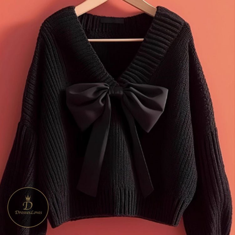 V-NECK BOW KNITTED TOP #5483 | DressesLovesOOTD