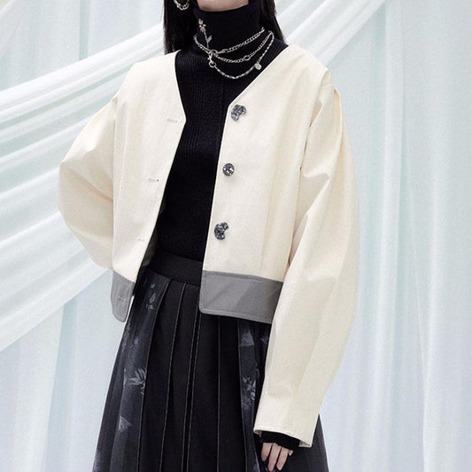 V - neck leather loose stitching jacket - DresseslovesOOTD