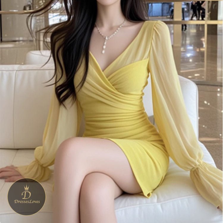 V-NECK WAIST LONG SLEEVES DRESS #5492