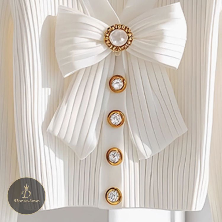 WHITE V-NECK BOW KNITTED TOP #5481