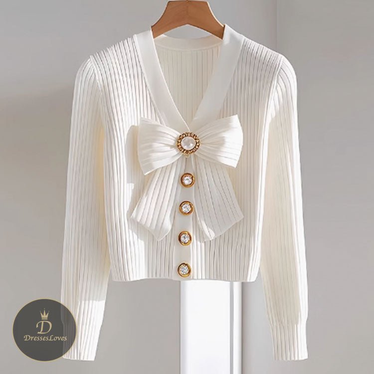 WHITE V-NECK BOW KNITTED TOP #5481