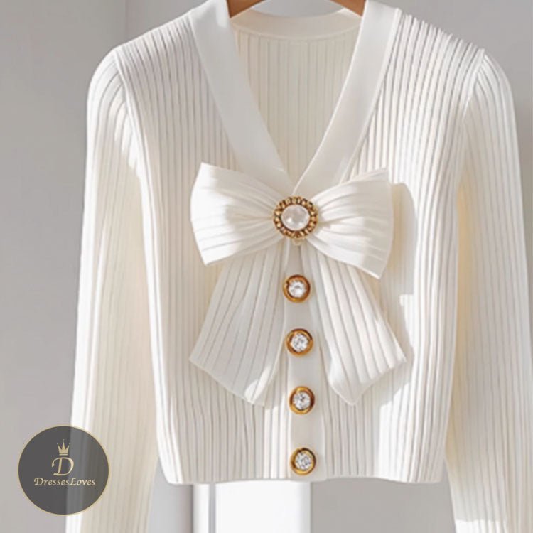 WHITE V-NECK BOW KNITTED TOP #5481